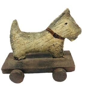 Vintage Tin Metal Wood Dog Puppy Pull Toy Terrier Hand Paint Primitive Country